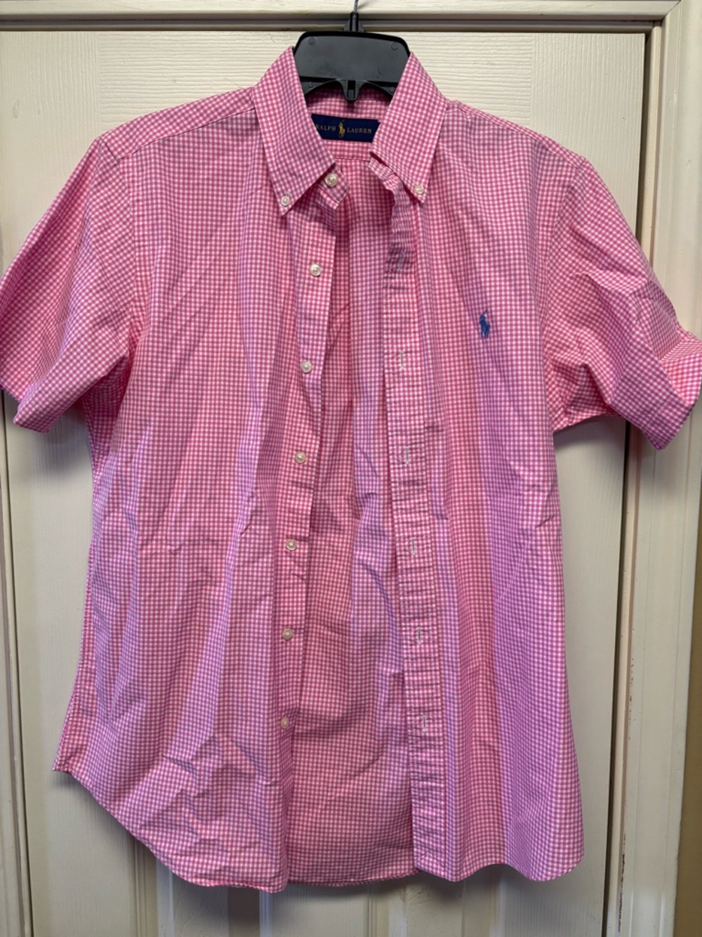 Ralph Lauren Pink Gingham Short-Sleeve Button-Down Shirt with Pony Logo